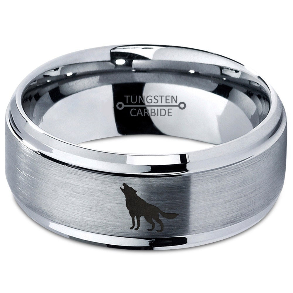 Howling Wolves Ring,Engraved Engagement and Wedding Band,Silver Gray Tungsten Ring,Mens Ring,Promise Ring,His and Her Gifts,Free Shipping