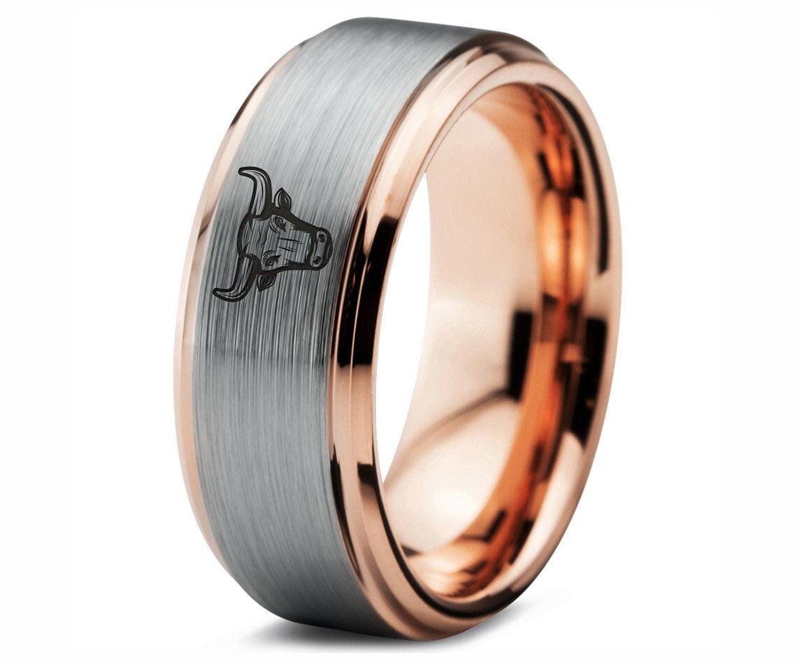 Cow Head Horn Ring - Men Wedding Bands - Silver Grey Tungsten Ring - Rose Gold Jewelry Rings For Women - Gift For farmer - His and Her Gifts