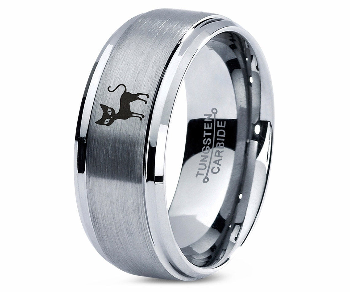 Pet Animal Ring, Cute Cat Ring, Step Bevel Silver Ring, Wedding Band Grey, Mens Tungsten Carbide Ring, Ring For Women, His and Her Ring