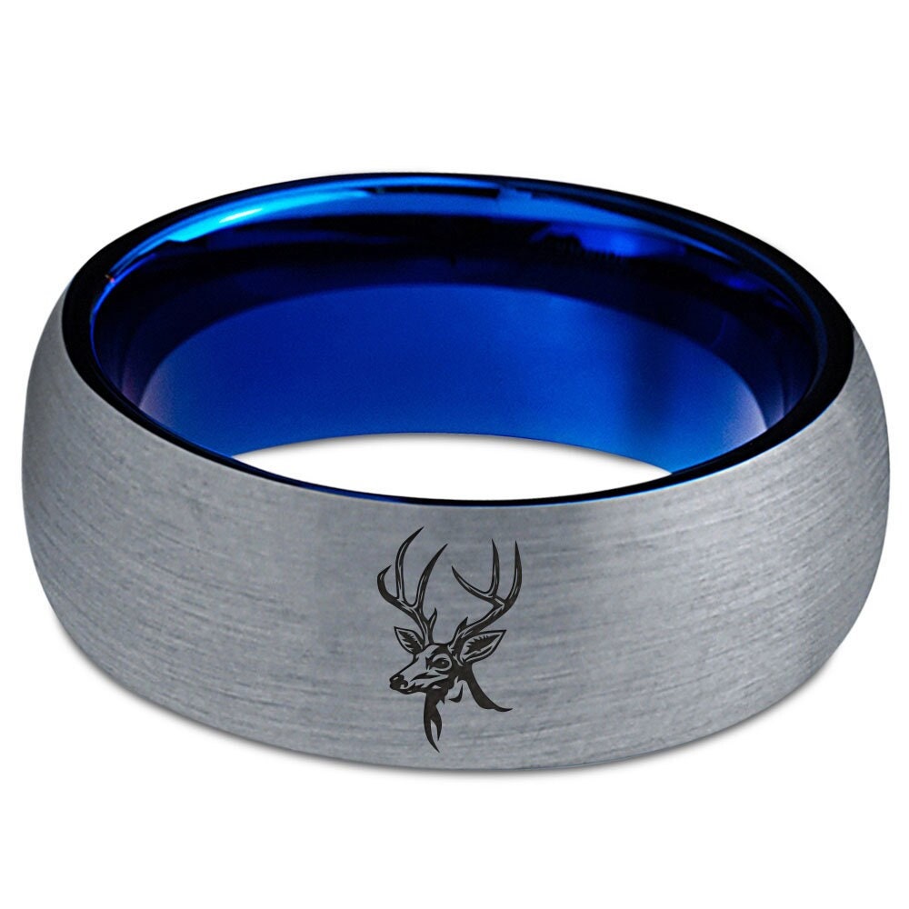 Cervine Deer Head Antler Ring | Grey Brushed Mens Wedding Band | Dome Tungsten Ring | Blue Women Ring Size 9 | Valentines Day Gift For Her