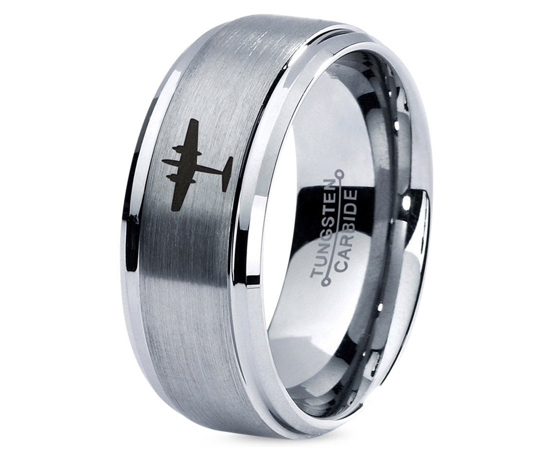 Flying Airplane Ring, Brushed Tungsten Wedding Band Silver, Mens Tungsten Carbide Ring, Jewelry For Women, His and Her Gifts, Free Shipping