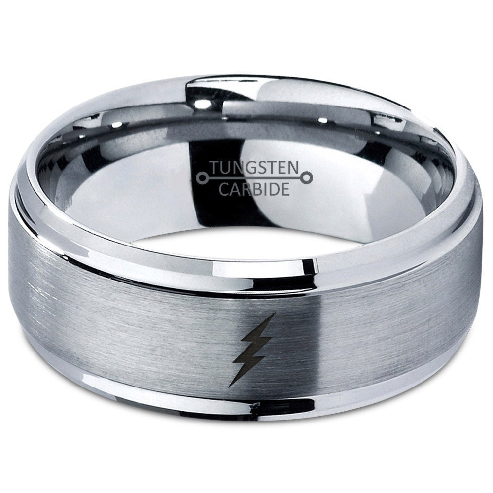 Thunderbolt Flash Ring | Tungsten Wedding Band Silver | Gray Brushed Tungsten Ring | Mens Personalized Ring | Christmas Gift For Husband