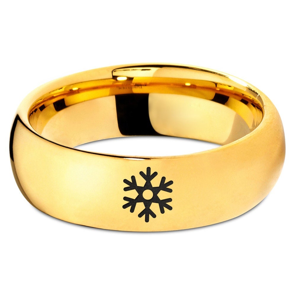 Snowflake Ring, Handmade Engraved Ring, Tungsten Wedding Band Yellow Gold, Winter Ring, Rings for Women, Personalized Ring, Fast Shipping