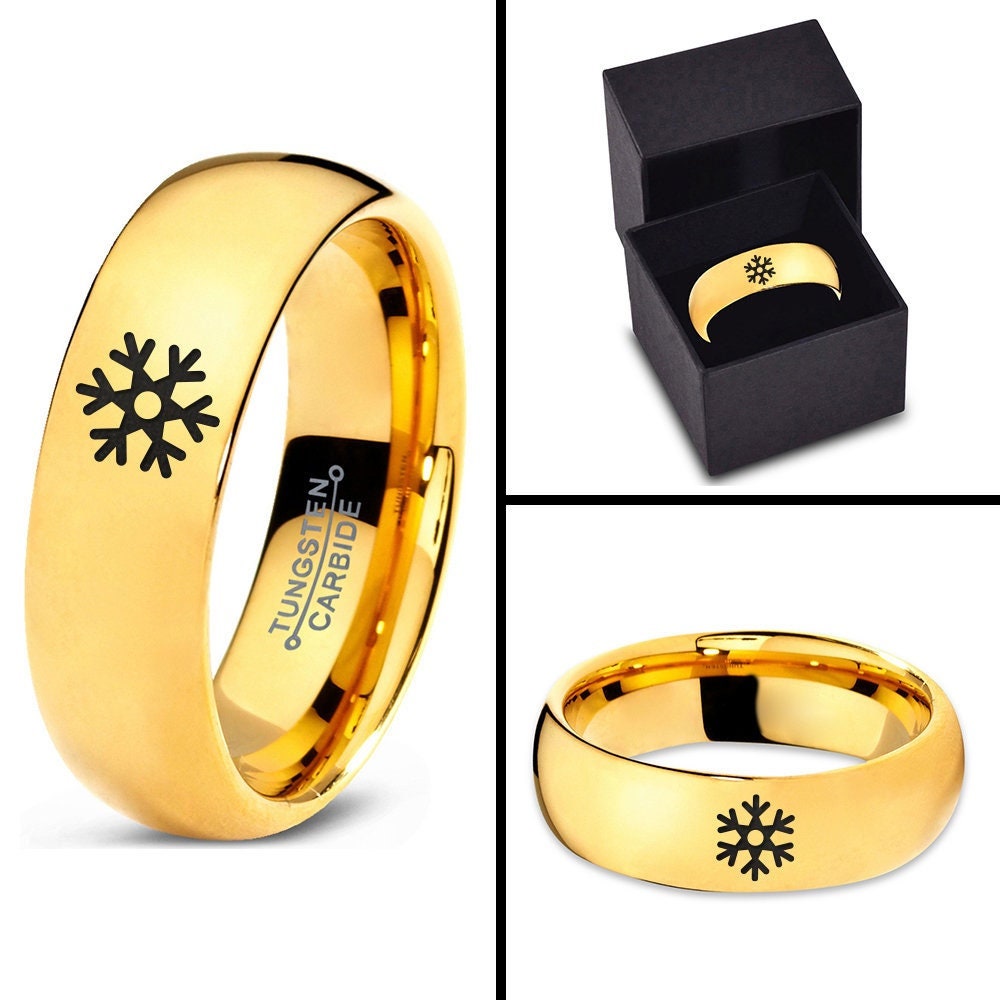 Snowflake Ring, Handmade Engraved Ring, Tungsten Wedding Band Yellow Gold, Winter Ring, Rings for Women, Personalized Ring, Fast Shipping