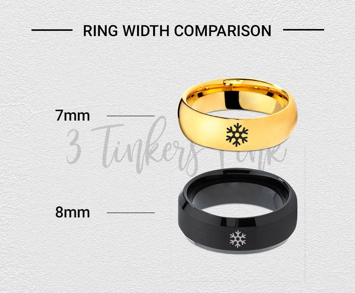 Snowflake Ring, Handmade Engraved Ring, Tungsten Wedding Band Yellow Gold, Winter Ring, Rings for Women, Personalized Ring, Fast Shipping