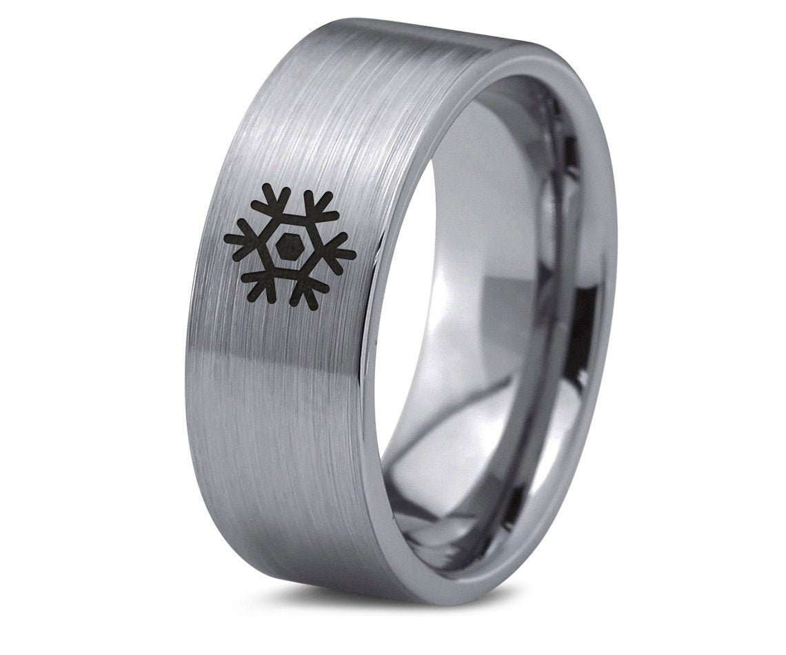 Ornamental Snowflake Ring - Flat Cut Tungsten Band - Mens Wedding Band Silver - Snowflake Wedding Band - Promise Ring - Rings for Men