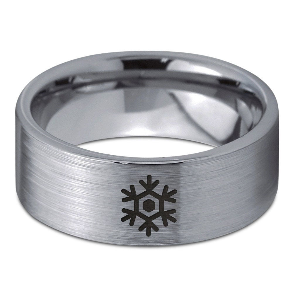 Ornamental Snowflake Ring - Flat Cut Tungsten Band - Mens Wedding Band Silver - Snowflake Wedding Band - Promise Ring - Rings for Men