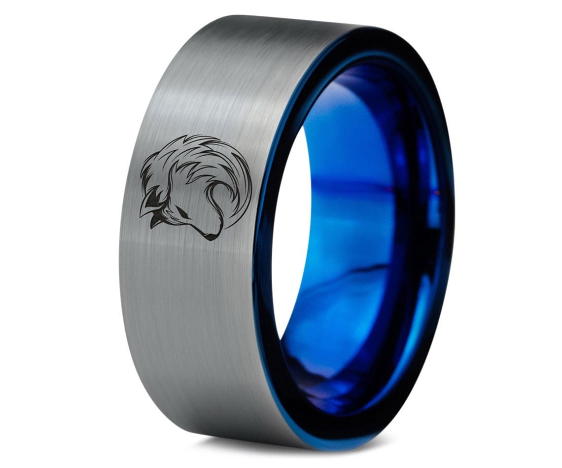 Wolf Cubs Cute Head Ring, Silver Wedding Band Men, Tungsten Blue Ring, Laser Engraved Ring, Unique Engagement Ring, His and Her Gift