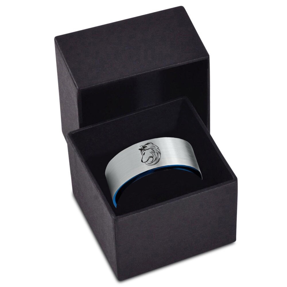 Wolf Cubs Cute Head Ring, Silver Wedding Band Men, Tungsten Blue Ring, Laser Engraved Ring, Unique Engagement Ring, His and Her Gift