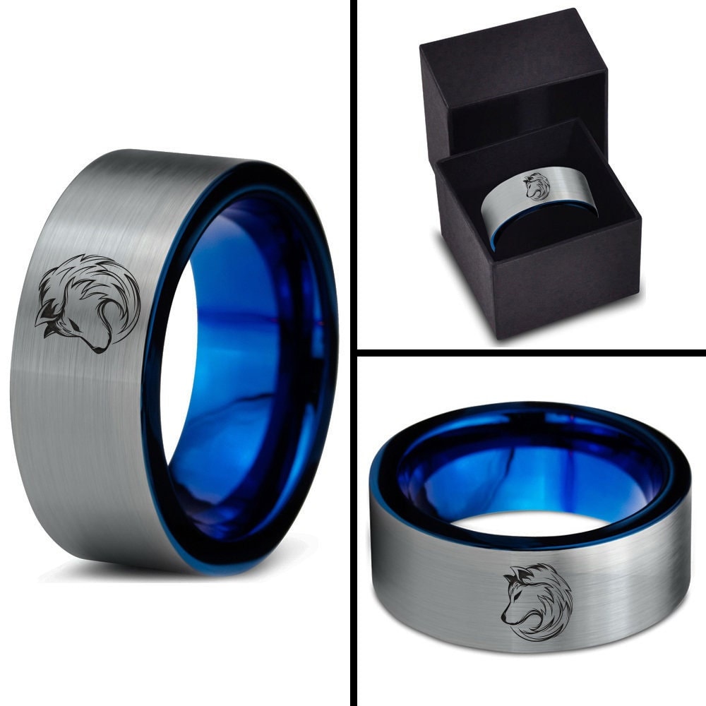 Wolf Cubs Cute Head Ring, Silver Wedding Band Men, Tungsten Blue Ring, Laser Engraved Ring, Unique Engagement Ring, His and Her Gift