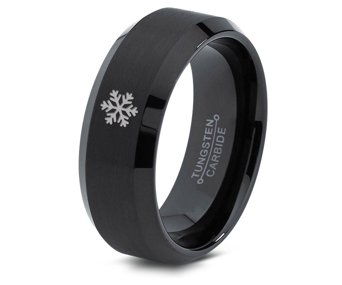 Snowflake Drop Winter Christmas Ring - Beveled Tungsten Wedding Band Black - Snowy Ring - Winter Jewelry - His and Hers Ring - Gift For Wife