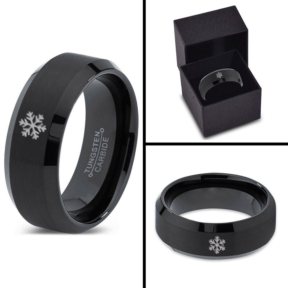 Snowflake Drop Winter Christmas Ring - Beveled Tungsten Wedding Band Black - Snowy Ring - Winter Jewelry - His and Hers Ring - Gift For Wife