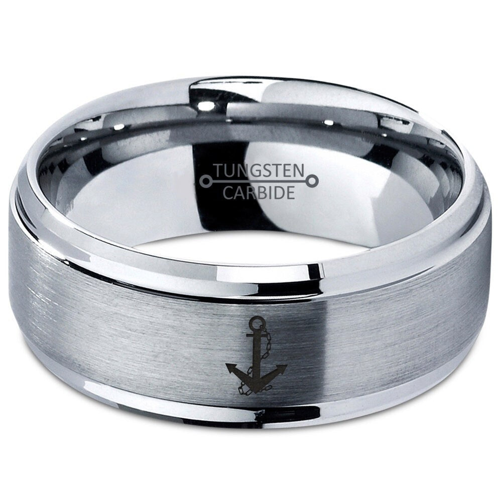 Chain Anchor Ring | Mens Anchor Sailor Ring | Silver Wedding Band | Tungsten Ring | Laser Marking Ring | Promise Rings | Gifts For Captain