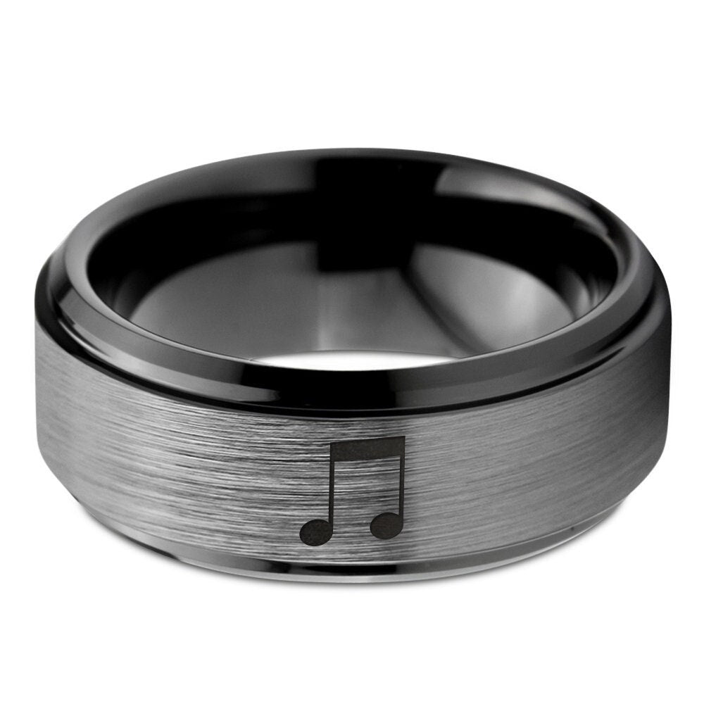 Quindicesiam Sign Ring - Music Ring - Black Unique Mens Wedding Band - Silver Brushed Tungsten Ring - Engraved Ring - Anniversary Gifts