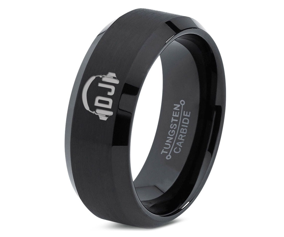 Dj Headphone Ring - DJ Wedding Band Men - Brushed Black Tungsten Ring - Engraved Black Ring - Personalized Gift - His and Her Gifts