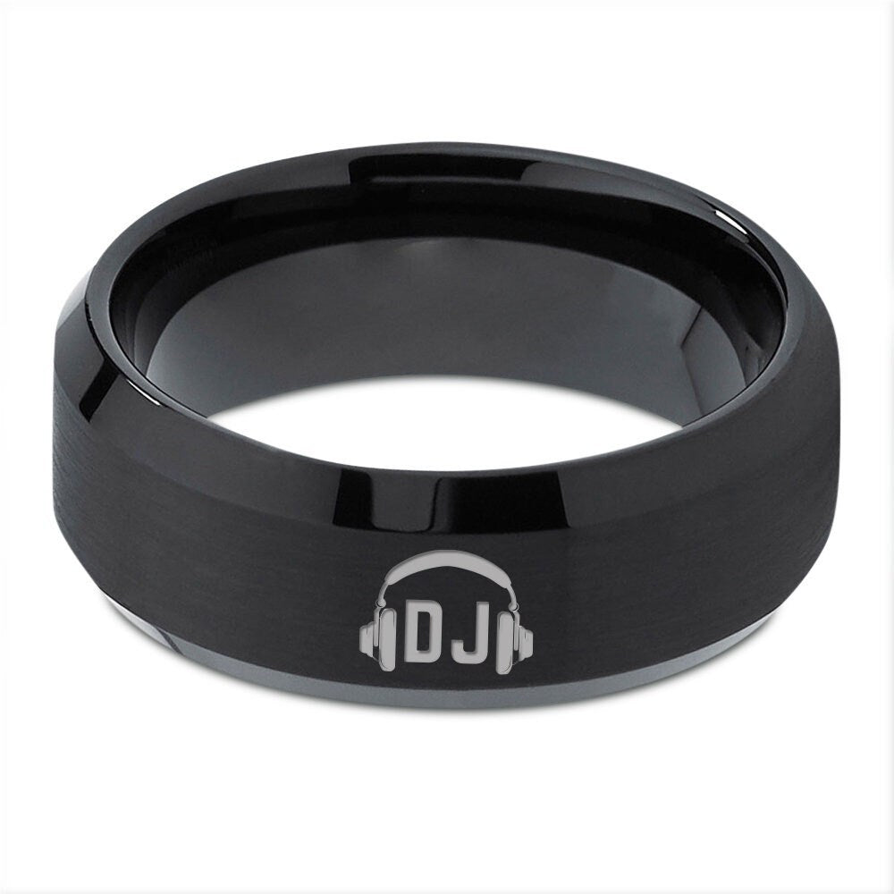 Dj Headphone Ring - DJ Wedding Band Men - Brushed Black Tungsten Ring - Engraved Black Ring - Personalized Gift - His and Her Gifts