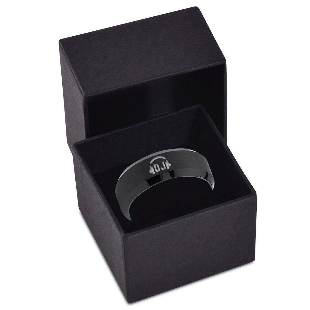 Dj Headphone Ring - DJ Wedding Band Men - Brushed Black Tungsten Ring - Engraved Black Ring - Personalized Gift - His and Her Gifts