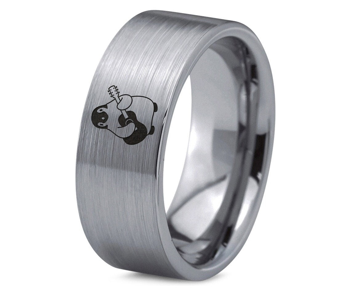 Penguin Play Music Ring - Guitar Ring - Wedding Band Women - Flat Cut Silver Brushed Ring - Tungsten Engrave Rings For Men - Valentine Gift