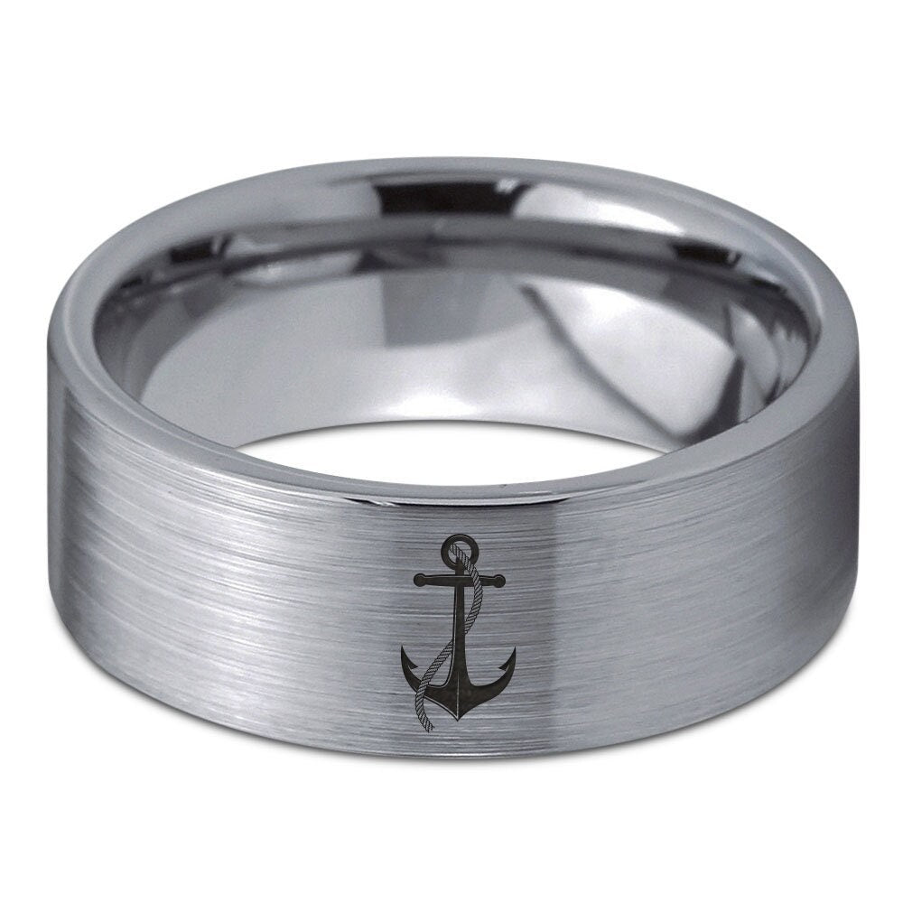 Sea Marine Anchor Rope Ring,Mens Wedding Bands,Silver Grey Tungsten Ring,Flat Cut Comfort Ring,Promise Rings For Her Silver,Engagement Ring