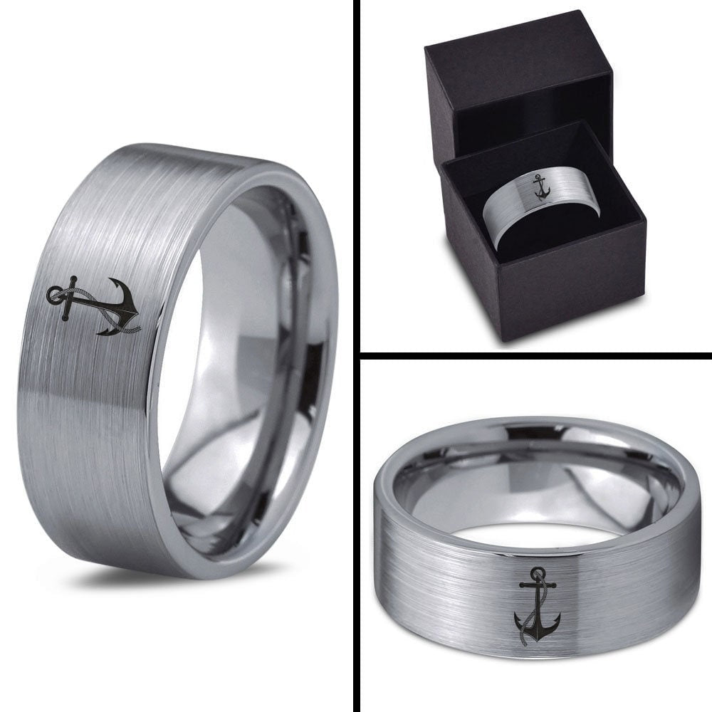 Sea Marine Anchor Rope Ring,Mens Wedding Bands,Silver Grey Tungsten Ring,Flat Cut Comfort Ring,Promise Rings For Her Silver,Engagement Ring