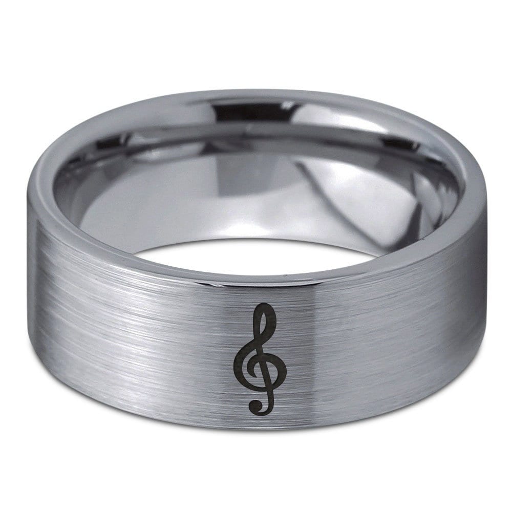 Musical Quarter Note Ring, Music Treble Clef Ring, Flat Wedding Ring Set, Mens Tungsten Silver Ring, Rings For Men Women, Engagement Ring