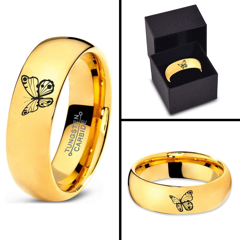 Engraved Insect Butterfly Ring, Solid Gold Wedding Bands For Women, Tungsten Ring Mens, 7mm Ring, Promise Rings, Gold Engagement Ring Set