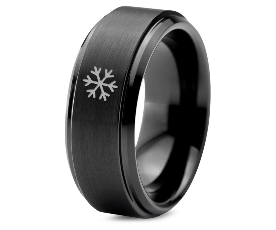 Christmas Gifts - Snowflake Ornamental Ring - Black Wedding Band Men - Tungsten Rings For Women - Small Gifts For Wife - Free Shipping