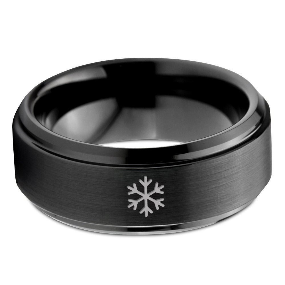 Christmas Gifts - Snowflake Ornamental Ring - Black Wedding Band Men - Tungsten Rings For Women - Small Gifts For Wife - Free Shipping