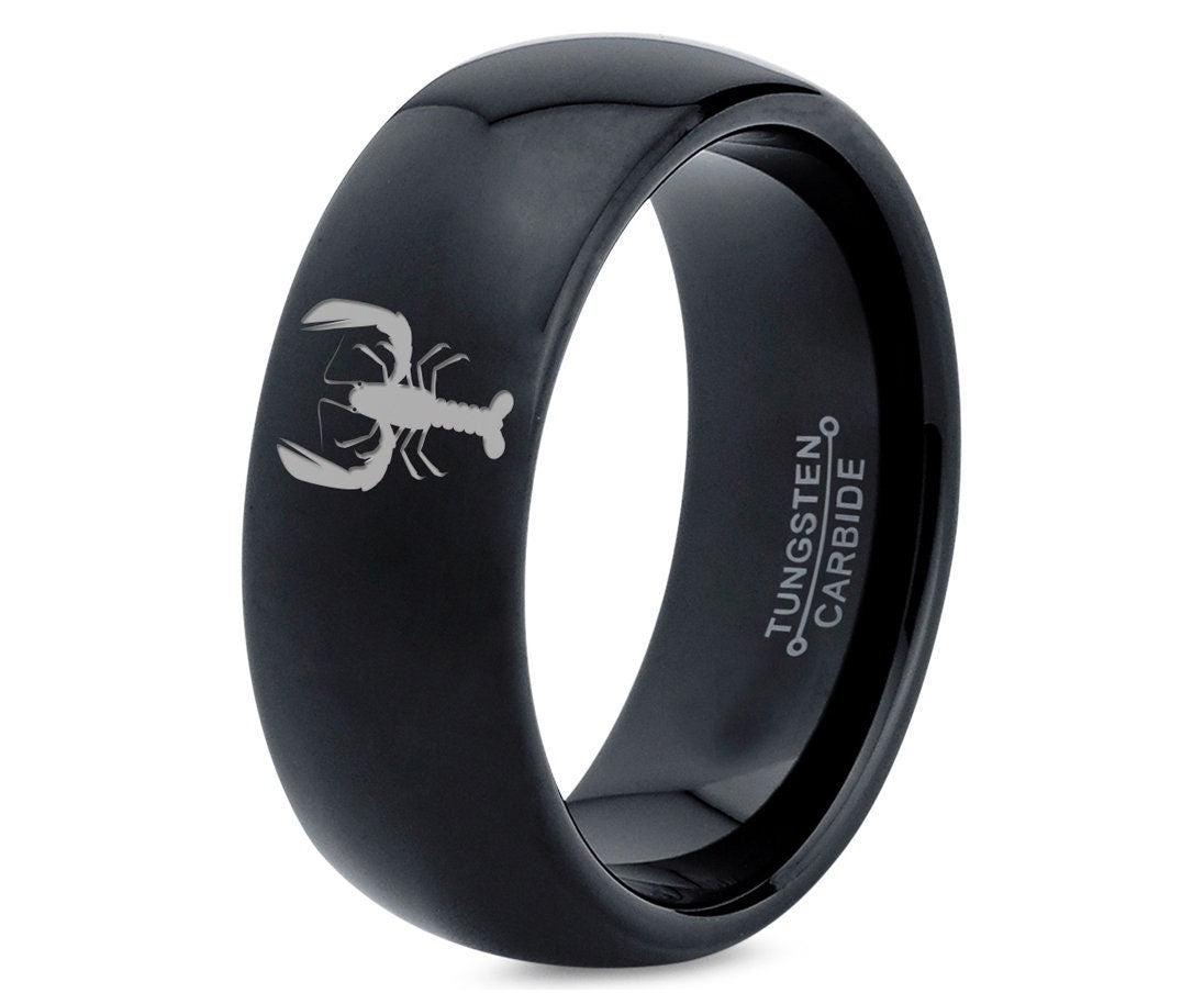 Engraved Lobster Ring | Gifts For Him | Black Wedding Rings For Women | Dome Tungsten Ring | Promise Ring | Anniversary Gifts For Couple