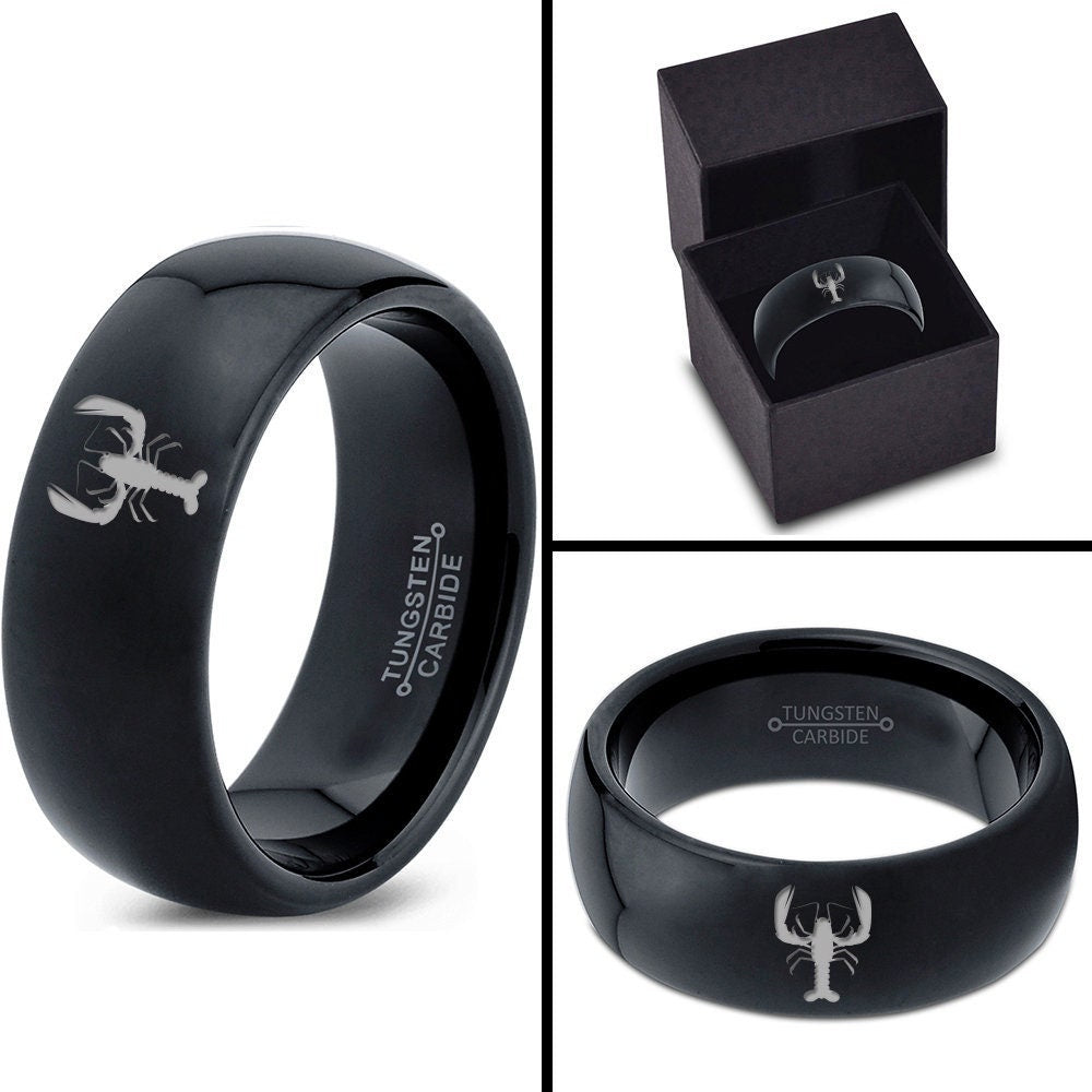 Engraved Lobster Ring | Gifts For Him | Black Wedding Rings For Women | Dome Tungsten Ring | Promise Ring | Anniversary Gifts For Couple