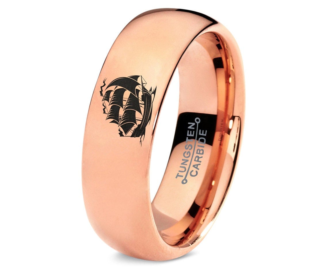 Spirit Caribbean Ship Ring - Men's Tungsten Ring - Rose Gold Wedding Bands - Rings For Women - Laser Engraved Ring - Engagement Ring