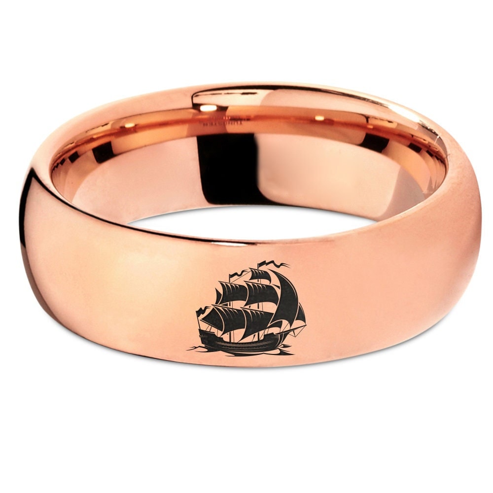 Spirit Caribbean Ship Ring - Men's Tungsten Ring - Rose Gold Wedding Bands - Rings For Women - Laser Engraved Ring - Engagement Ring