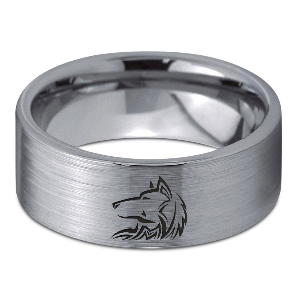 Mens Wolf Wedding Rings, Silver Gray Tungsten Ring, Engraved Ring Silver, Promise Ring, Customized Gifts, Gifts For Him, Personalized Gifts