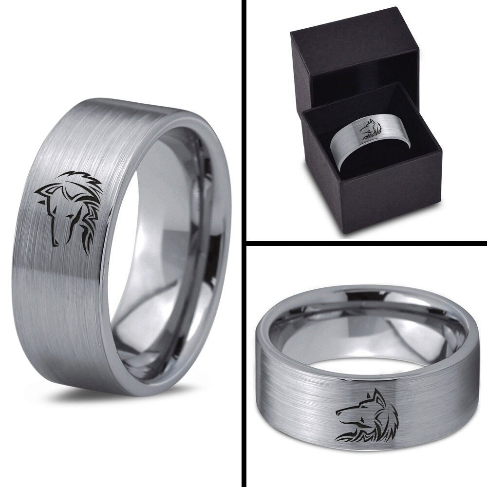 Mens Wolf Wedding Rings, Silver Gray Tungsten Ring, Engraved Ring Silver, Promise Ring, Customized Gifts, Gifts For Him, Personalized Gifts