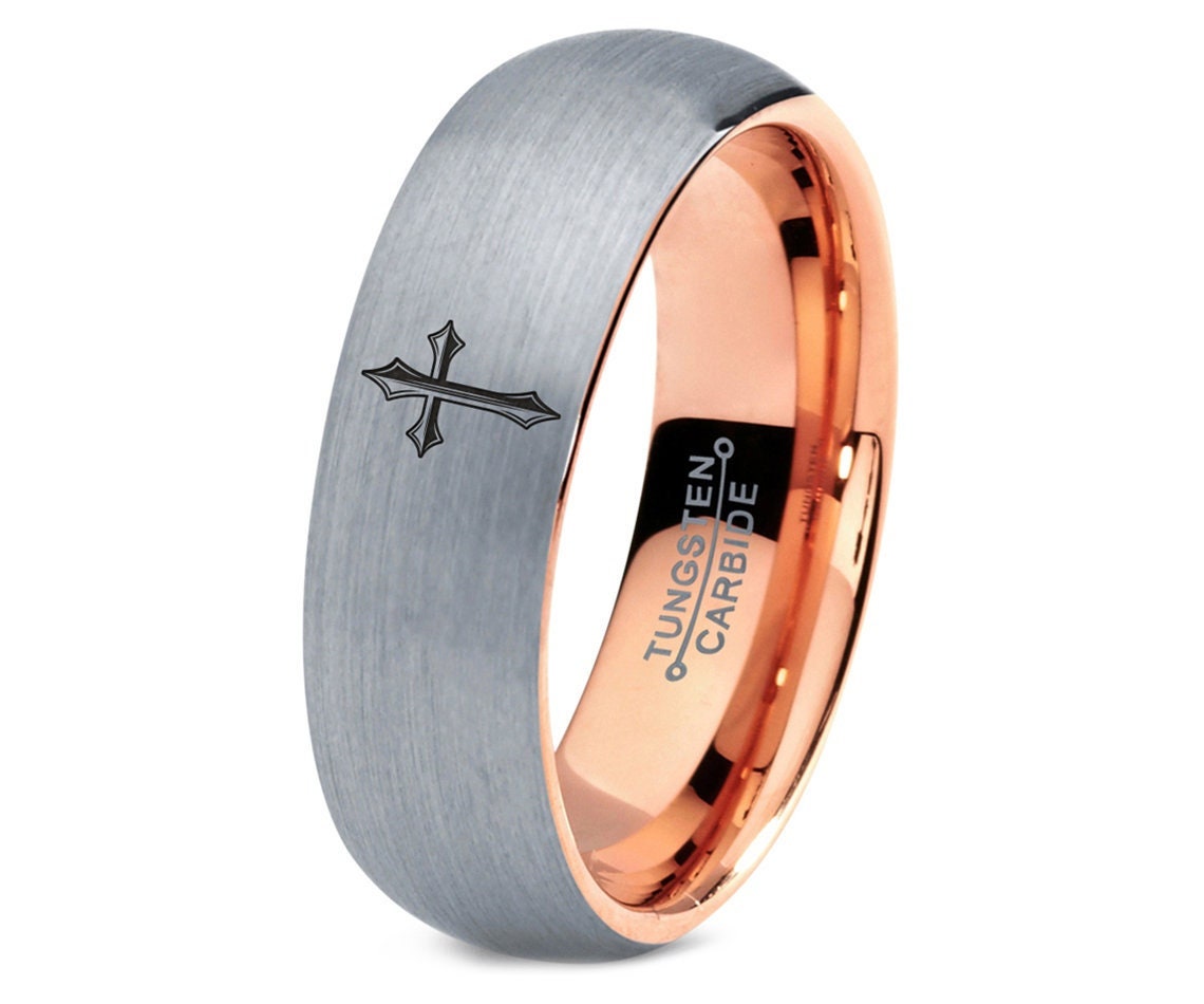 Mens Wedding Bands Rose Gold - Christian Ring - Holy Cross Ring - Gray Tungsten Rings - Engagement Rings - Anniversary Gift For Husband