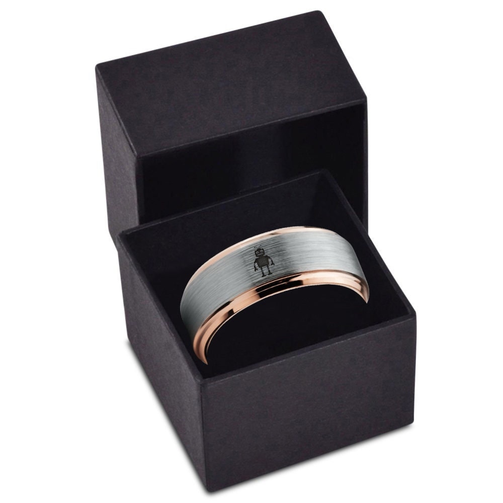 Robot Mens Tungsten Rose Gold - Engagement Ring - Anniversary Gift For Him - Gifts For Him Boyfriend - Personalized Gifts For Men