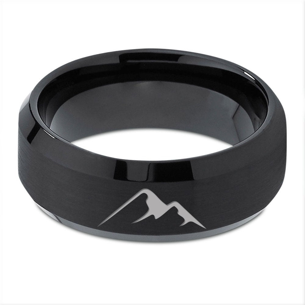 Mens Mountain Ring - Band For Men - Black Wedding Ring - Tungsten Promise Rings For Women - Birthday Gifts - Gifts For Husband - Unique Gift