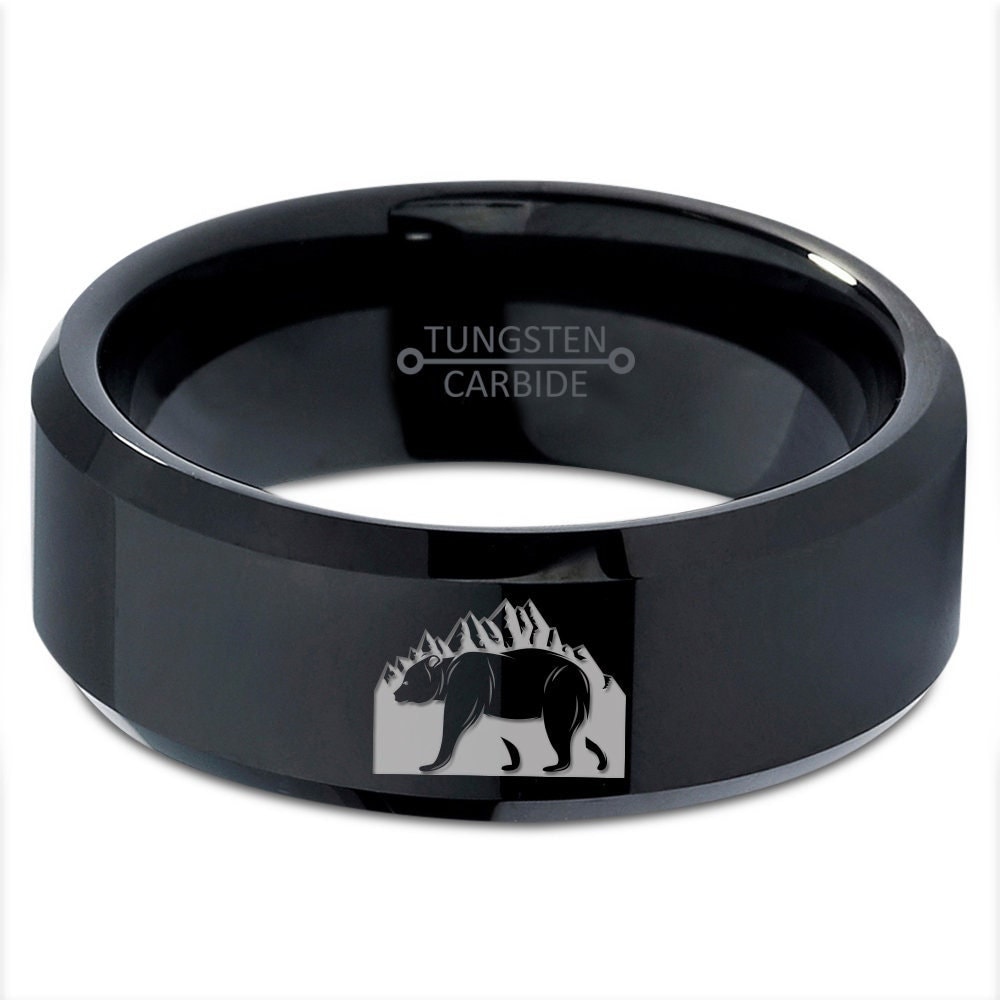 Mountain Tungsten Ring,Polar Bear Walking Ring,Black Wedding Band,Perfect Tungsten Band,Anniversary Gifts,Ring For Husband,His and Her Ring