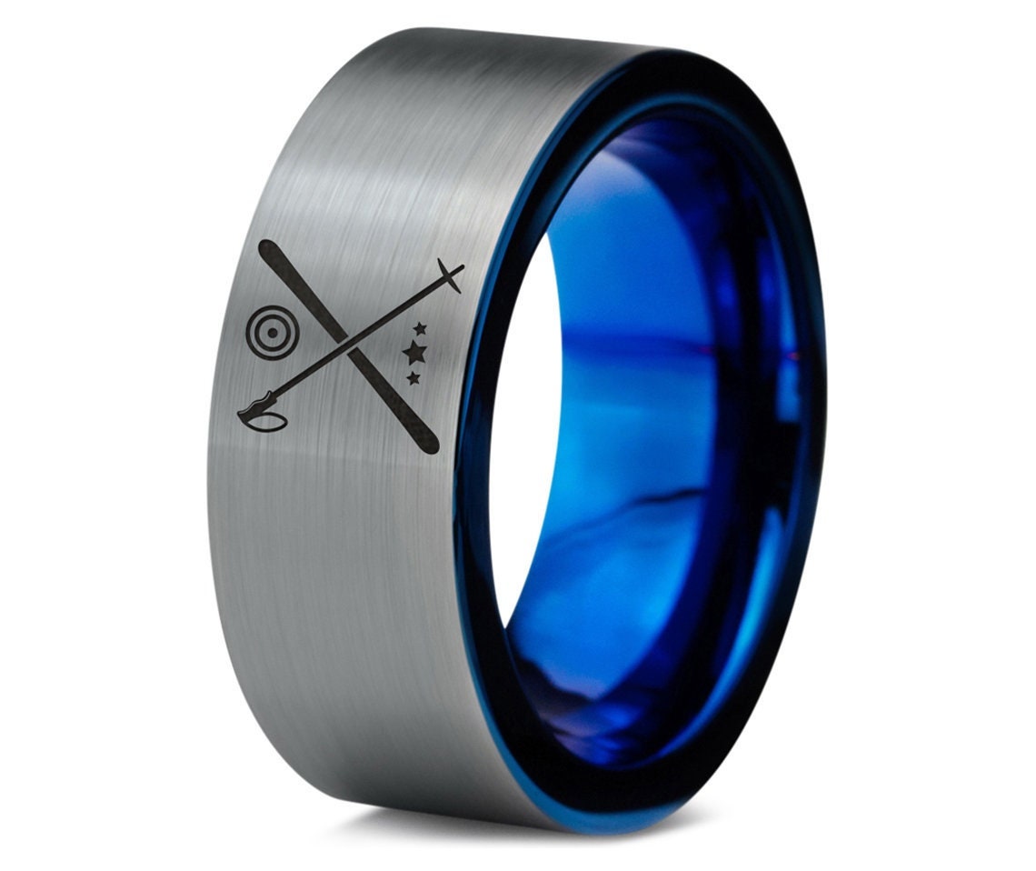 Tungsten Rings For Men - Ski Poles Boot Ring - Gift For Men - Gray and Blue Ring - Flat Cut Ring - Blue Promise Ring - Free Shipping