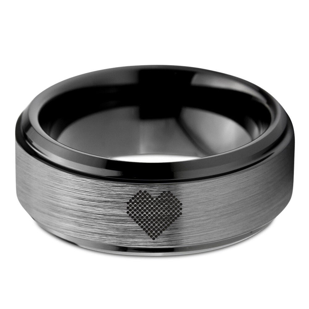 Couple Promise Ring,Dotted Love Heart Ring,Ring For Wife,Black Wedding Band,Brushed Tungsten Ring,Engagement Ring,Valentine Gift for Wife