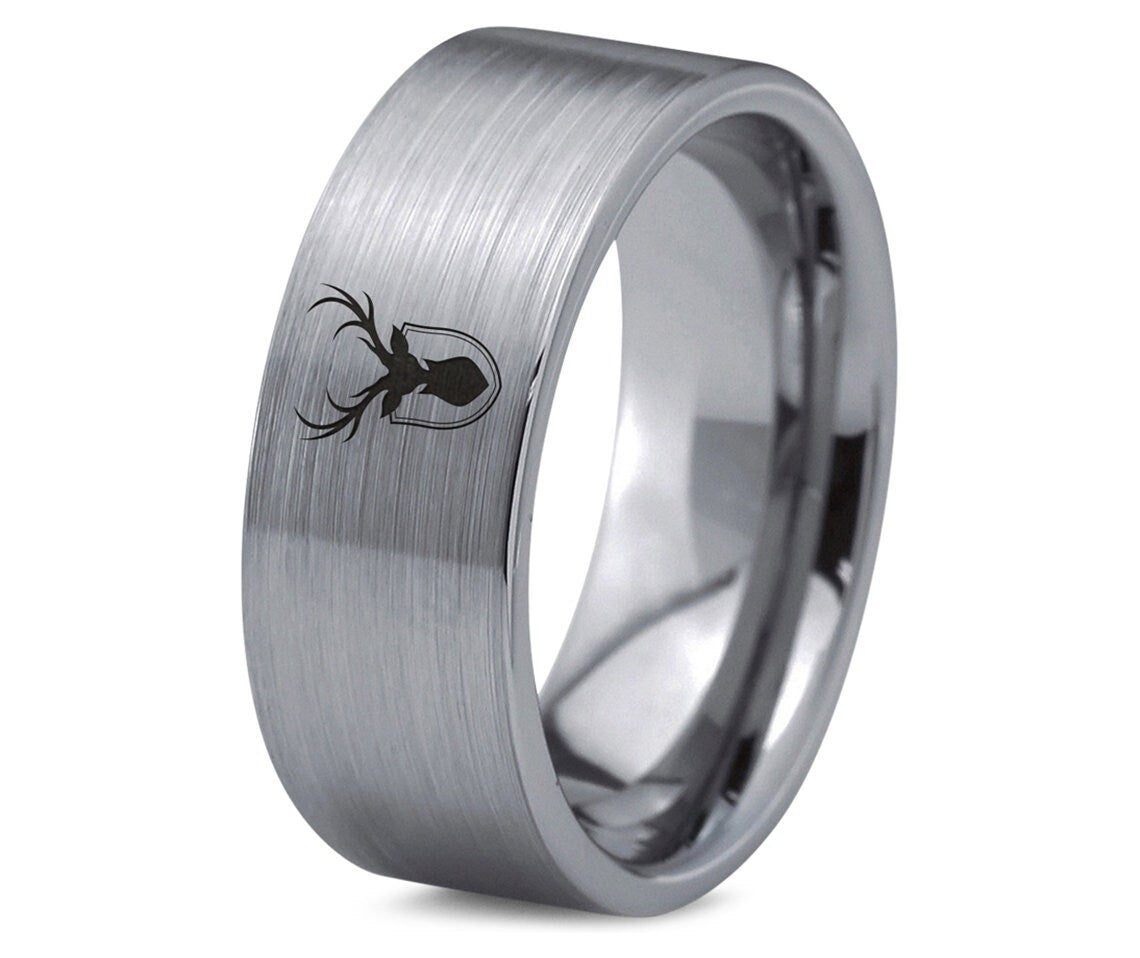 Gifts For Him | Deer Horn Hunter Ring | Silver Gray Wedding Band For Him and Her | Tungsten Rings For Men | Gifts For Women | Flat Cut Ring