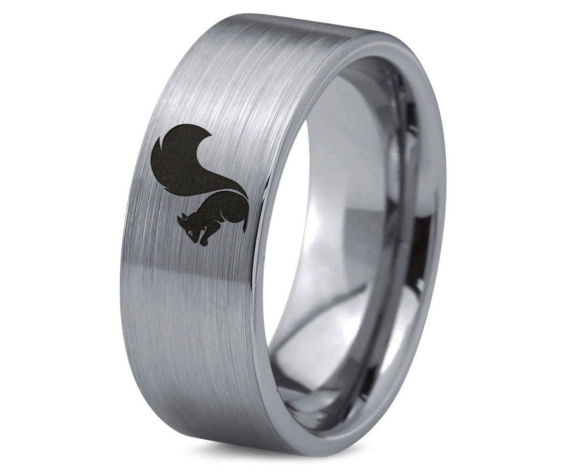 Squirrel Ring For Women, Flat Cut Wedding Band Men, Engraved Tungsten Ring, Gifts For Dad, Gifts For Boyfriend, Gift For Her, New Mom Gift