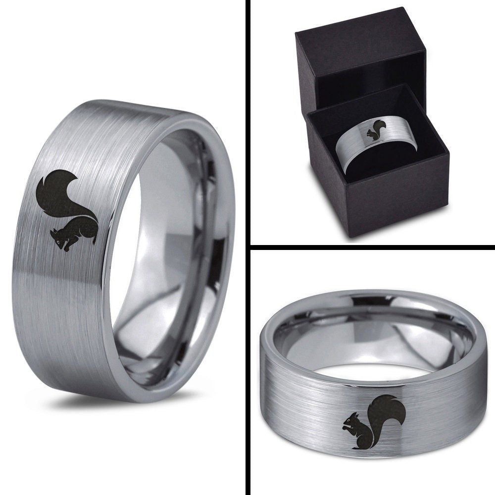 Squirrel Ring For Women, Flat Cut Wedding Band Men, Engraved Tungsten Ring, Gifts For Dad, Gifts For Boyfriend, Gift For Her, New Mom Gift