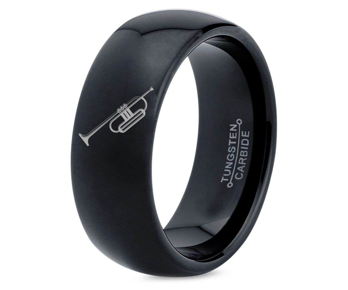 Musical Trumpet Ring | Gift For Musician | Black Wedding Band | Tungsten Rings For Couples | Mens Black Ring | Engraved Ring | Free Shipping