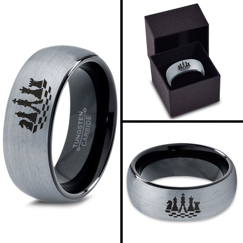 Chess Pieces Ring | Gift For Dad | Tungsten Wedding Band Black | Gray Tungsten Ring | Personalized Gifts For Him | Free Shipping