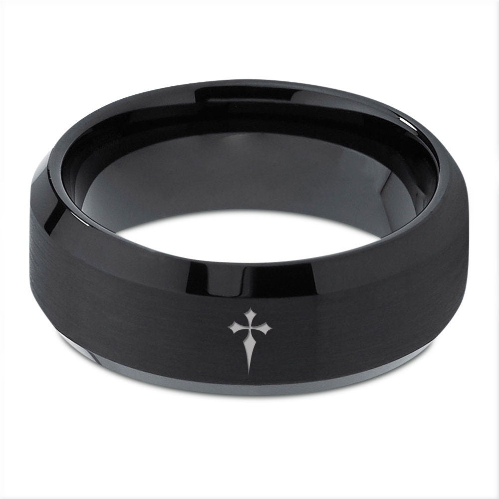 Christmas Gifts | Gothic Cross Ring | Unique Mens Wedding Band Black | Laser Engraved Ring | Black Tungsten Rings | His and Her Gifts