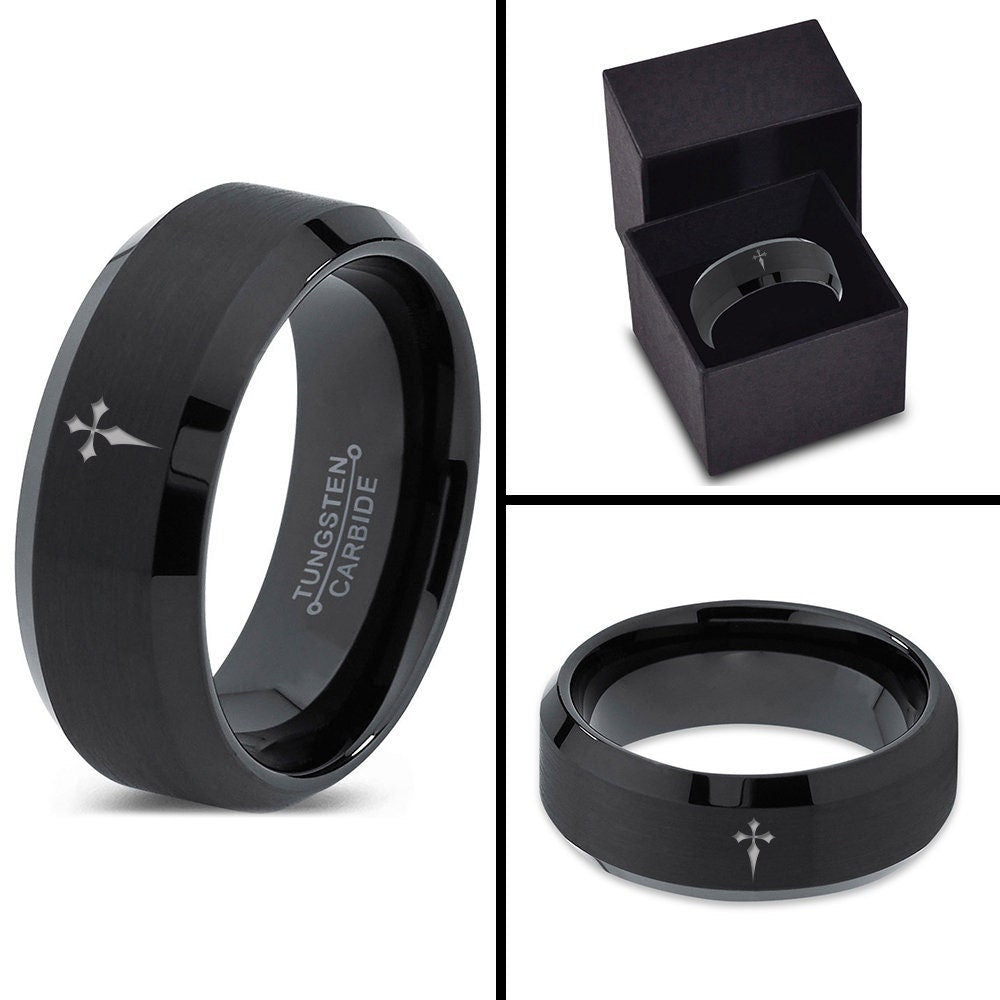 Christmas Gifts | Gothic Cross Ring | Unique Mens Wedding Band Black | Laser Engraved Ring | Black Tungsten Rings | His and Her Gifts