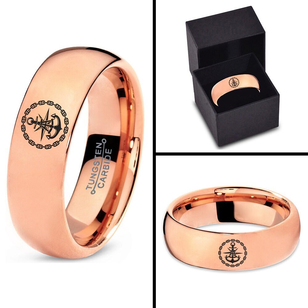 Personalized Gifts - Anchor Compass Ring - Mens Tungsten Wedding Bands - Ladies Ring - Rose Gold Plated Ring - Boyfriend Gifts - Mom Gift