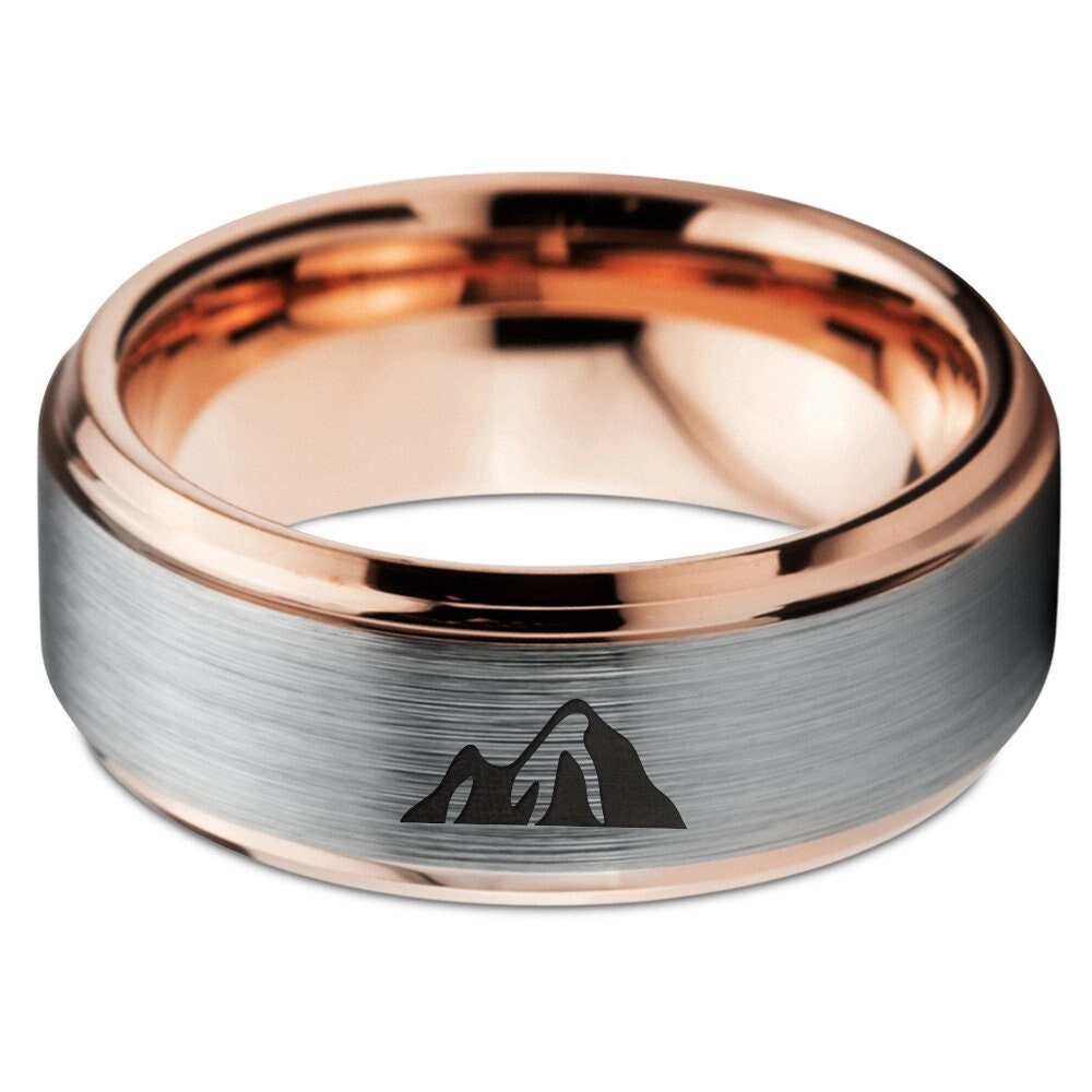 Mountain Rock Ring - Rose Gold Wedding Band - Gray Ring - Special Tungsten Band - Jewelry For Him and Her - Gifts For Dad - Free Shipping