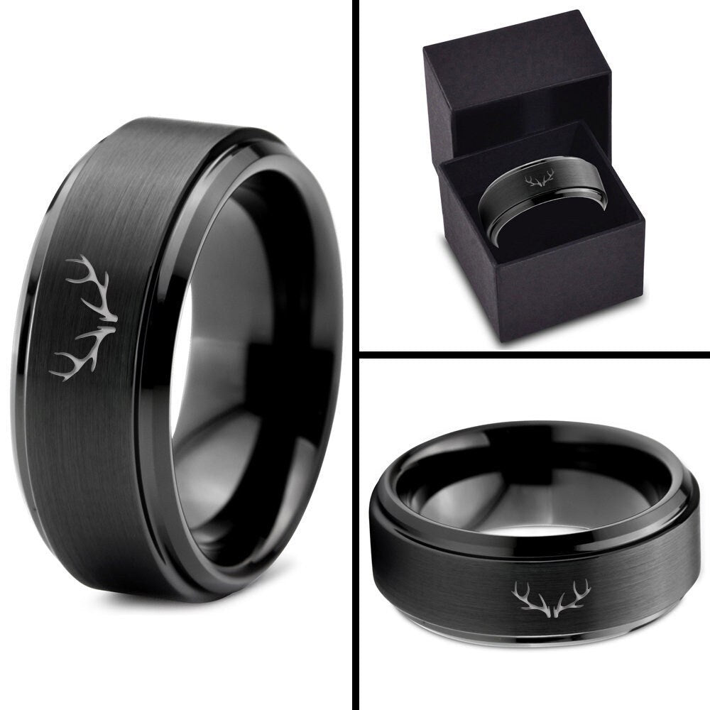 Deer Antler Ring | Mens Wedding Ring Black | Tungsten Ring | I Love You Ring | Ladies Black Rings | Gifts For Moms Birthday From Daughter